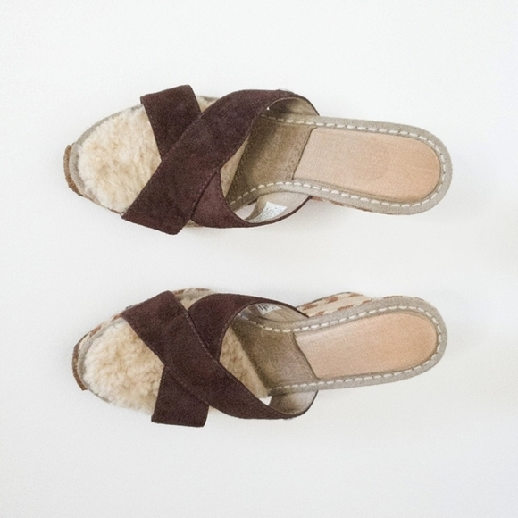 UGG Margot Brown Leather Shearling Wedge Espadrille Slip On Sandals - Picture 9 of 13